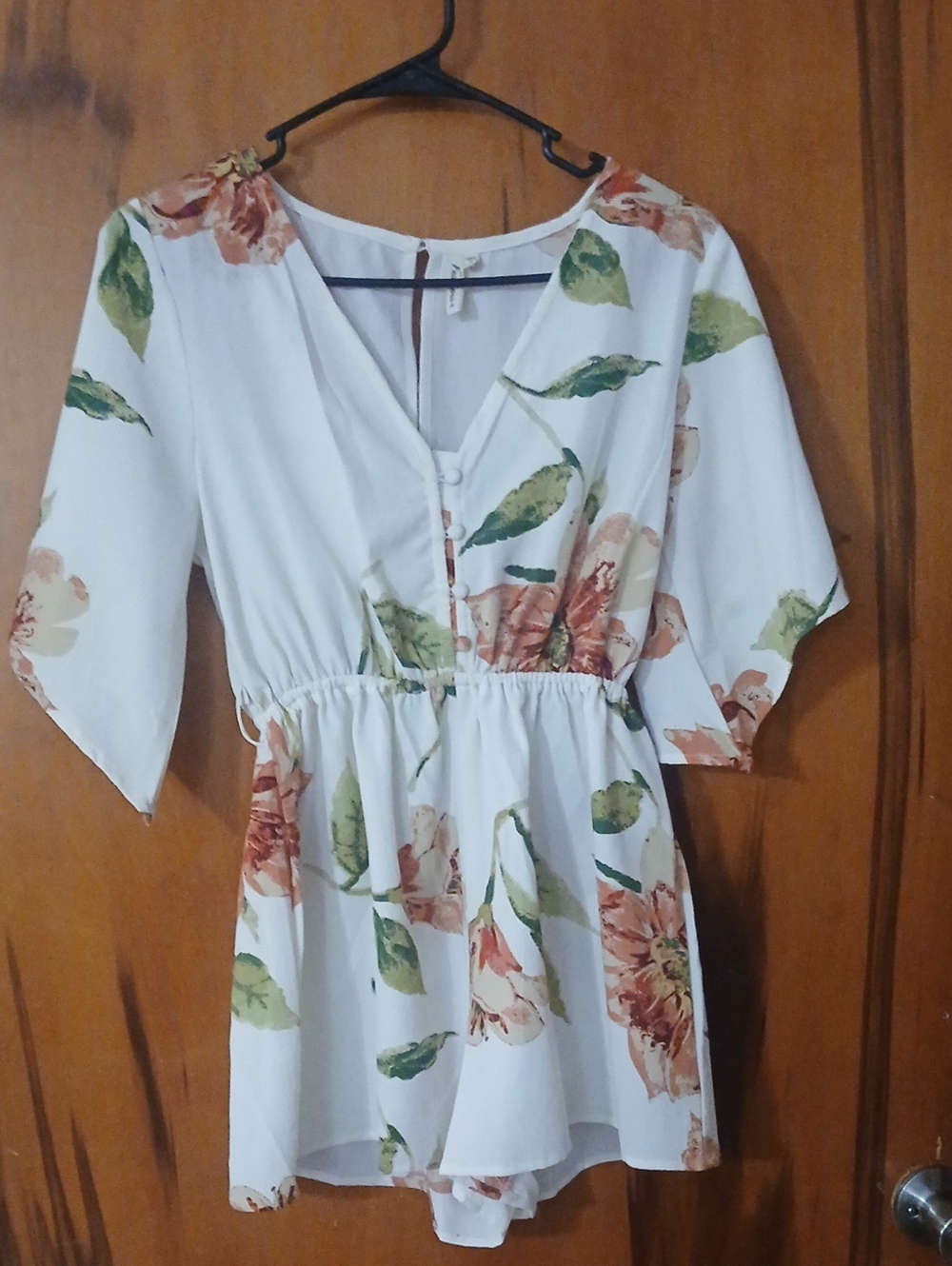 feathers White Floral Romper with Green and Peach Prints